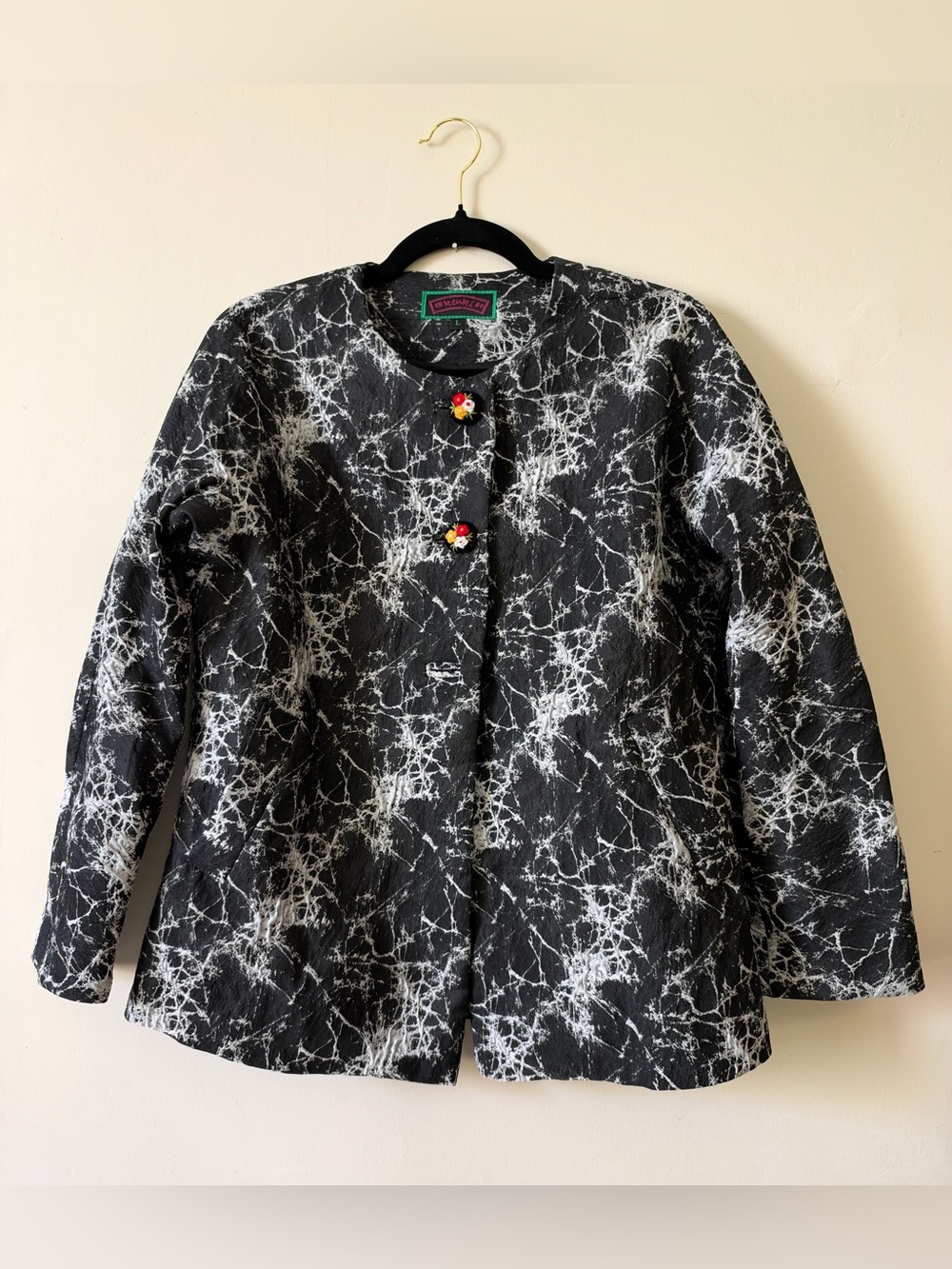 Kenki Black White Marble Jacquard Jacket Embroidered Floral Buttons Collarless L